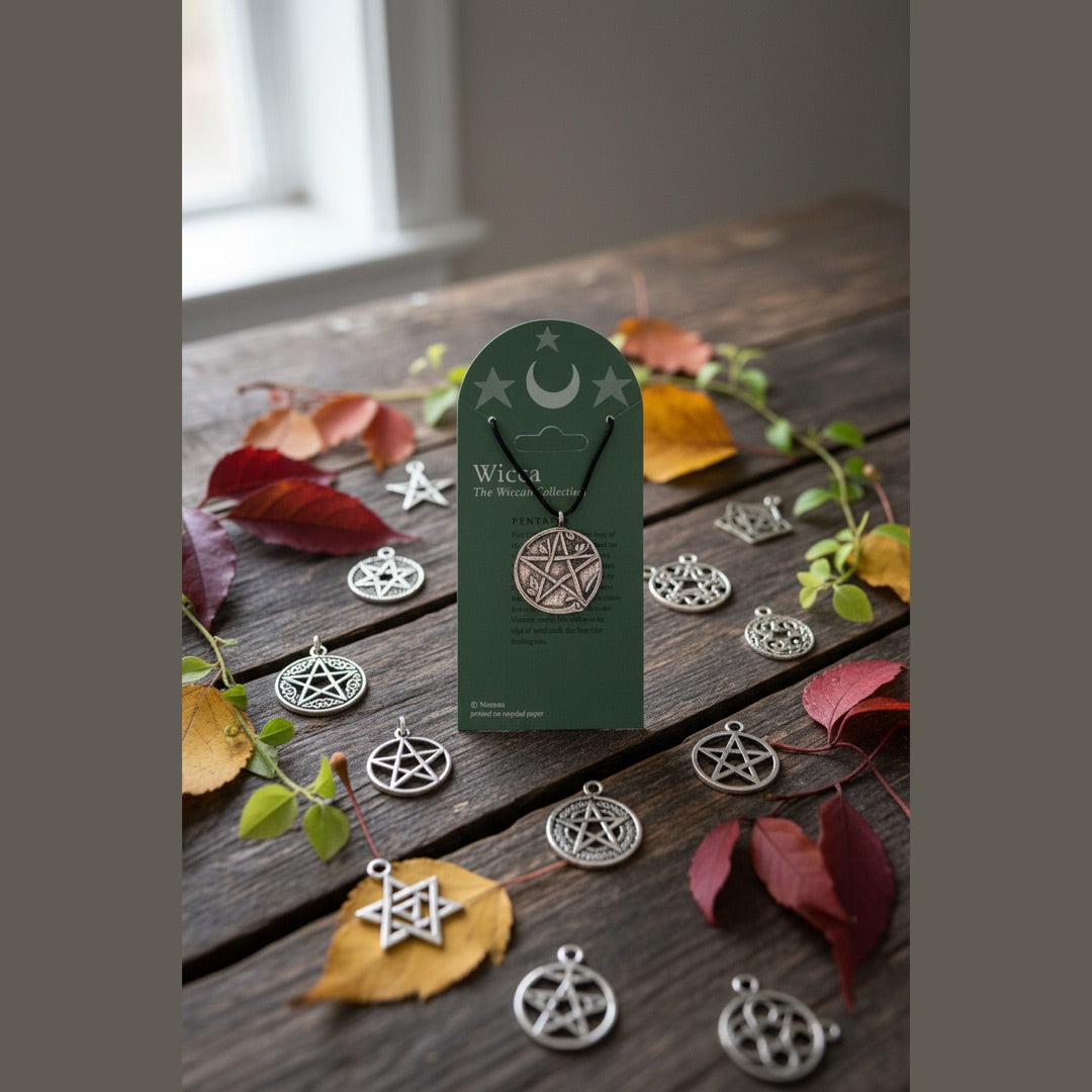 Pentacle with Leaves Wiccan Pewter Necklace Pendant