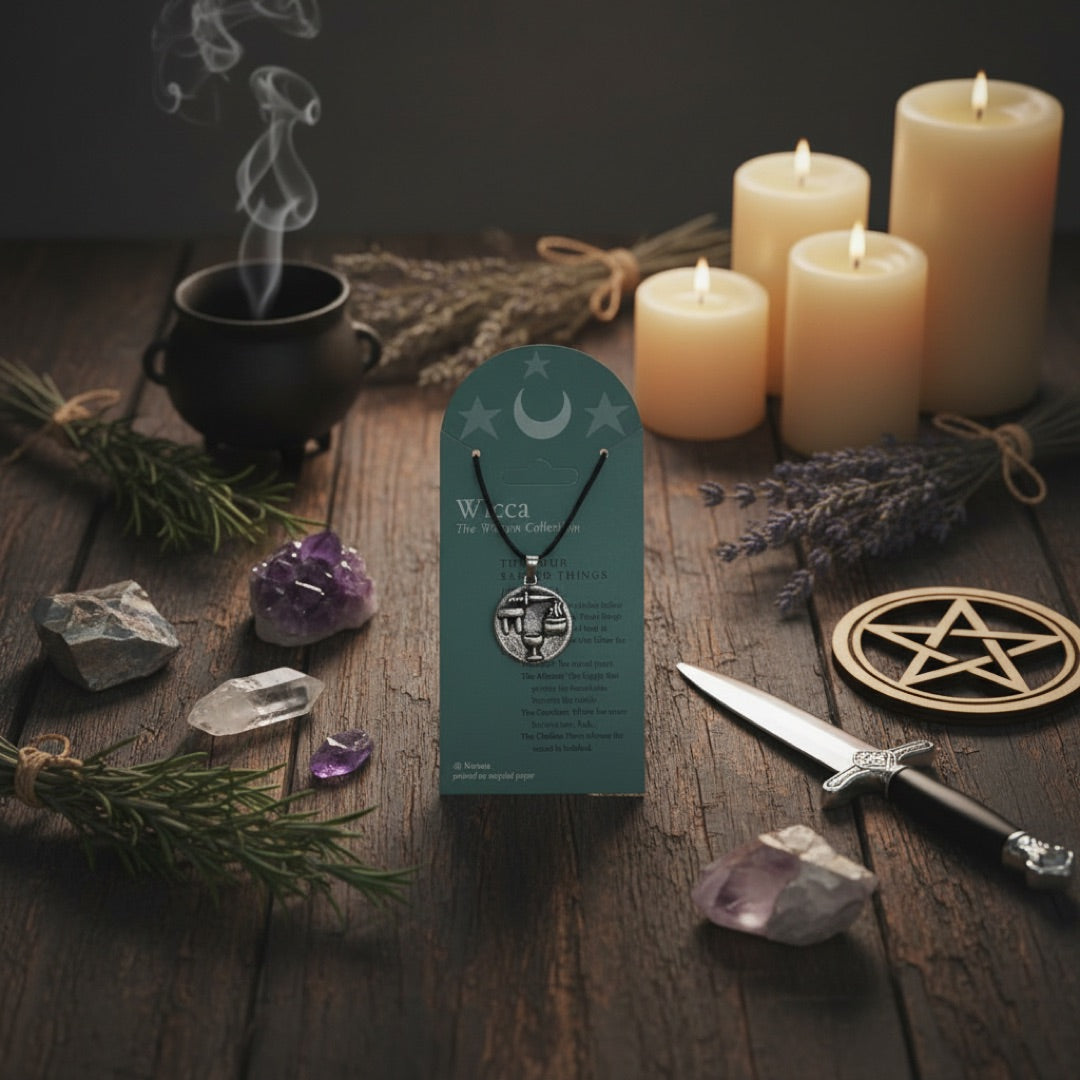 A silver-toned Wiccan altar pendant necklace on a black cord, displayed on a teal arched backing card labeled 'Wicca The Wiccan Collection' with printed text and symbols.