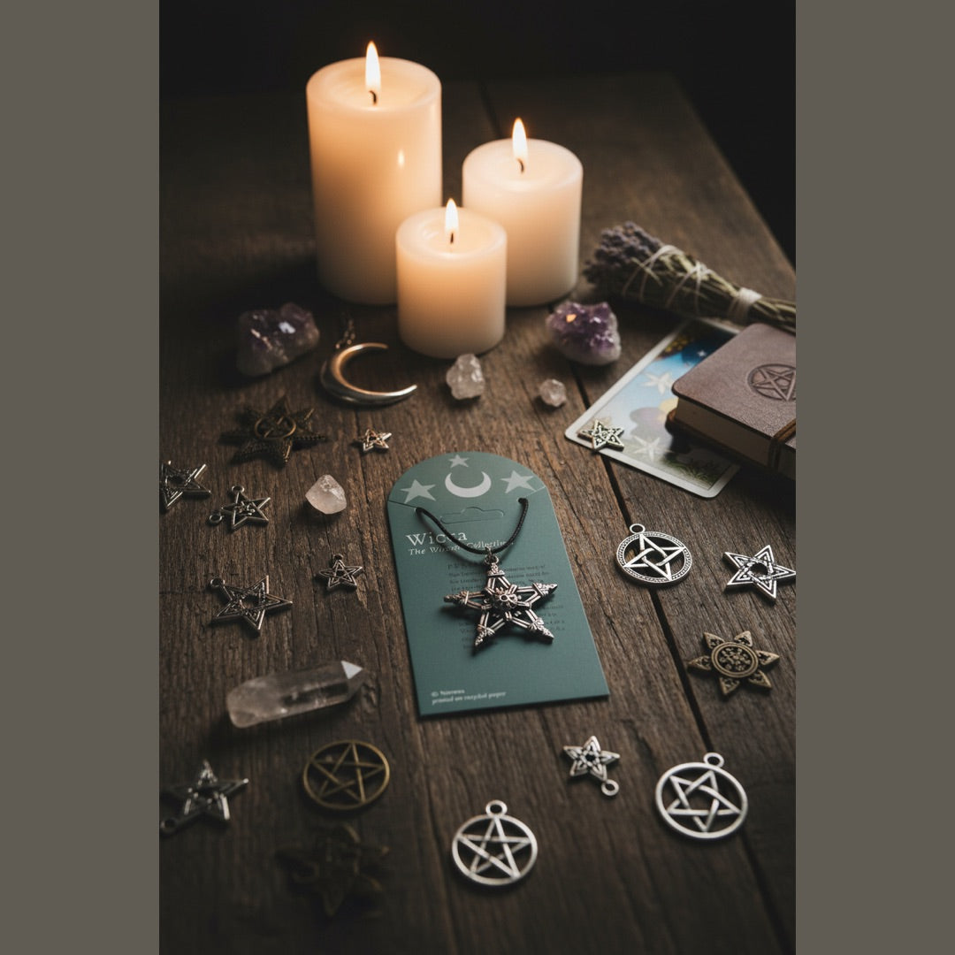 A styled tabletop scene with three lit white candles, crystals, a tarot card, a small book, and a green card holding a silver pentagram pendant necklace. The image is moody and dark, with the product placed in a ritual or altar-like setting rather than isolated on a plain background.