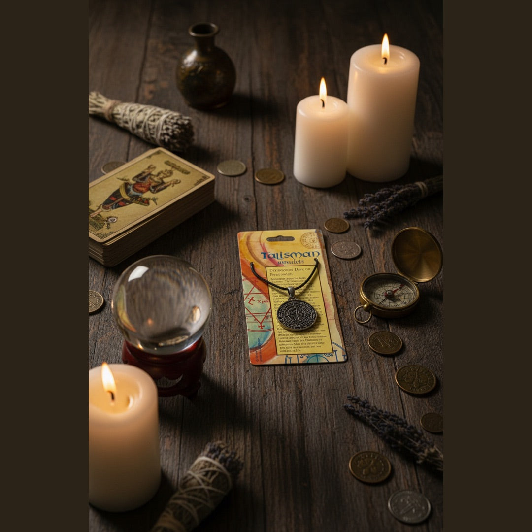 Divination amulet pendant shown with 33 in cord and Legend Description Card