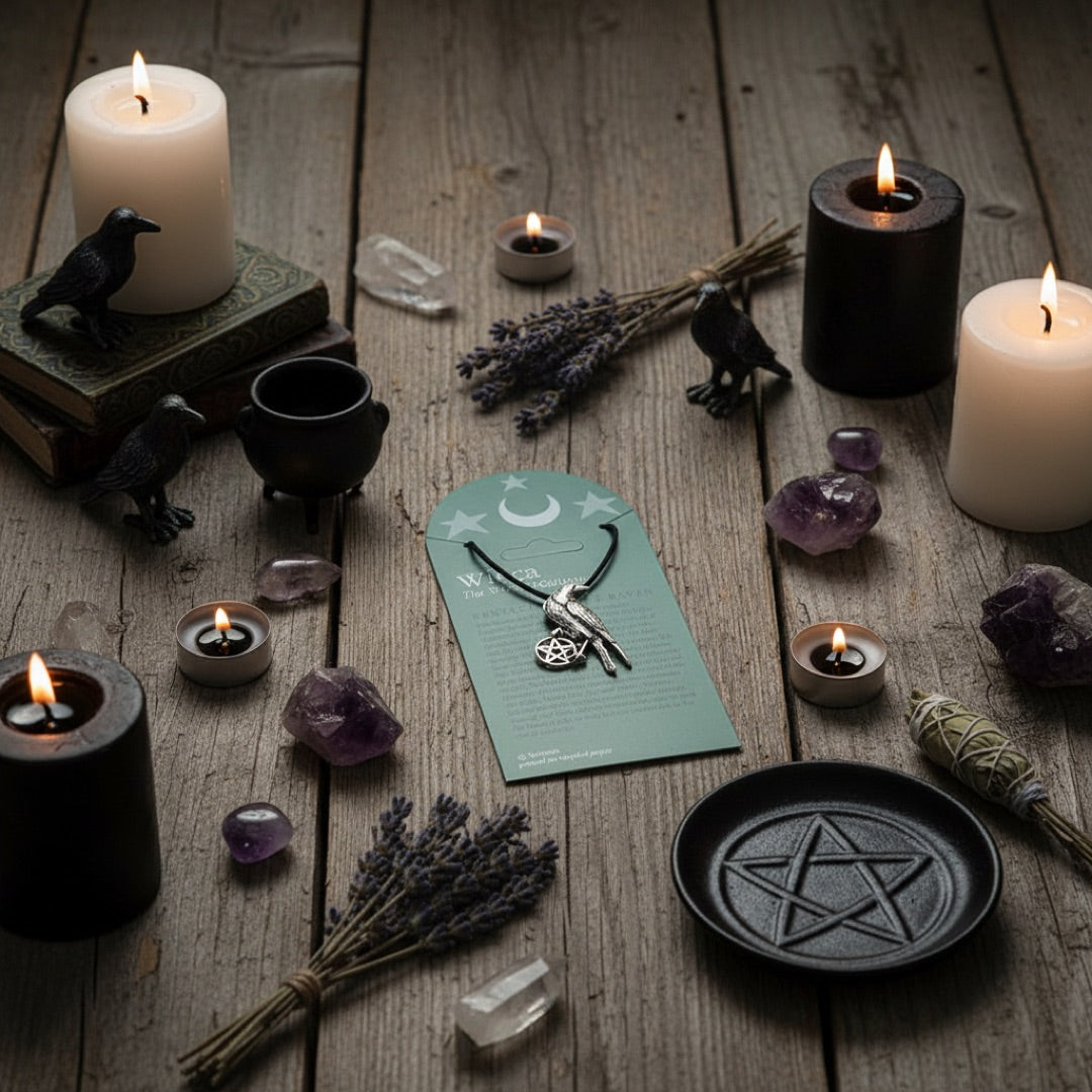 A silver pentacle raven pendant necklace with a black cord, displayed on its dark teal backing card titled 'Wicca The Wiccan Collection'. The backing card features a crescent moon and star design at the top and descriptive text about the raven.