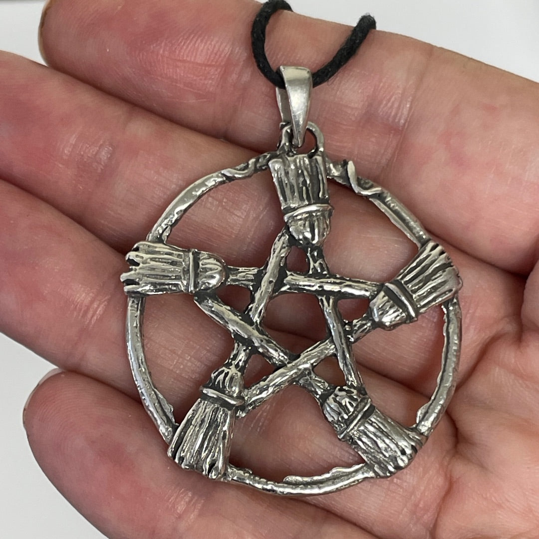 Witch Broom Pentacle Wiccan Pewter Necklace Pendant