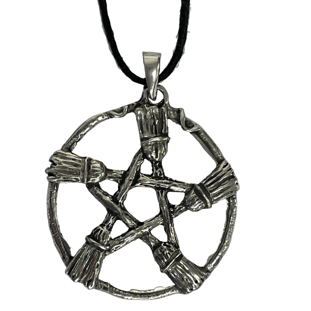 Witch Broom Pentacle Wiccan Pewter Necklace Pendant