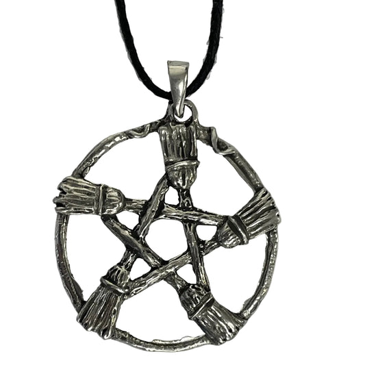 Witch Broom Pentacle Wiccan Pewter Necklace Pendant