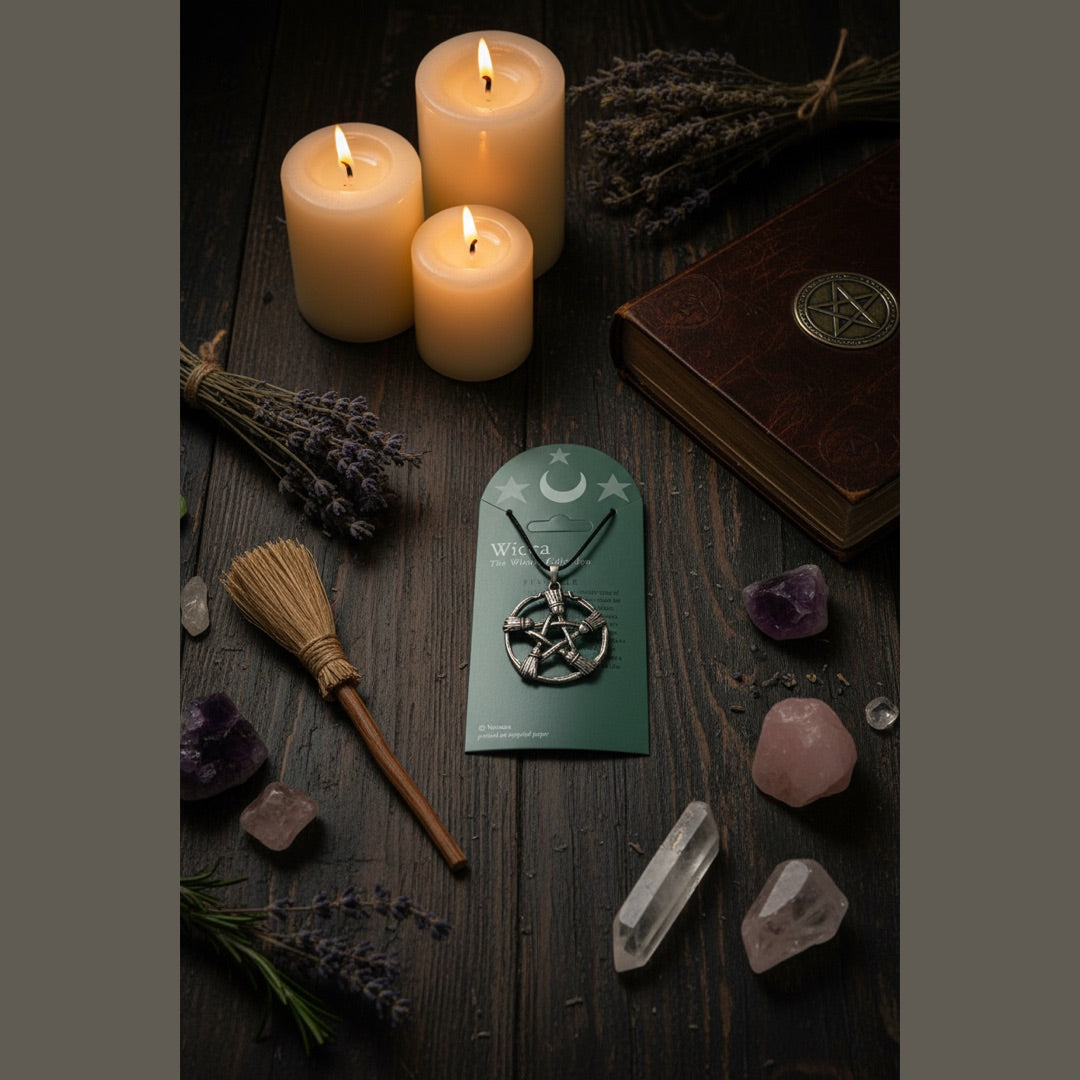 Witch Broom Pentacle Wiccan Pewter Necklace Pendant