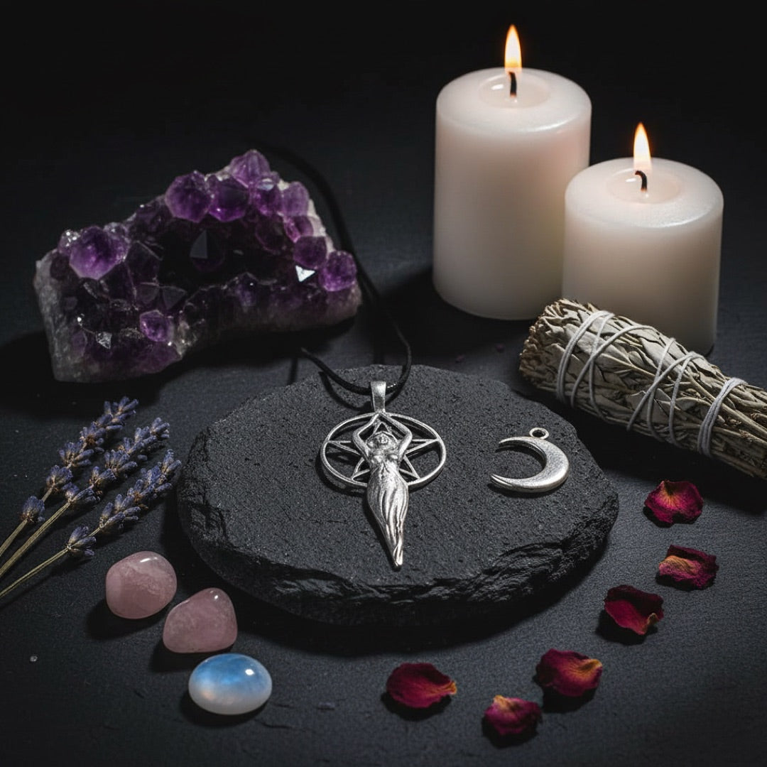wiccan pentacle pendant amidst wiccan items celebrating femininity