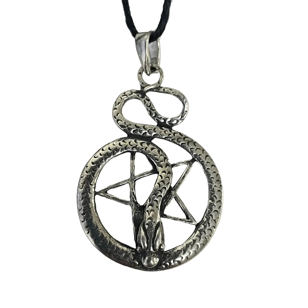A silver-toned metal pendant necklace featuring a coiled snake wrapping around a pentagram, suspended from a black cord