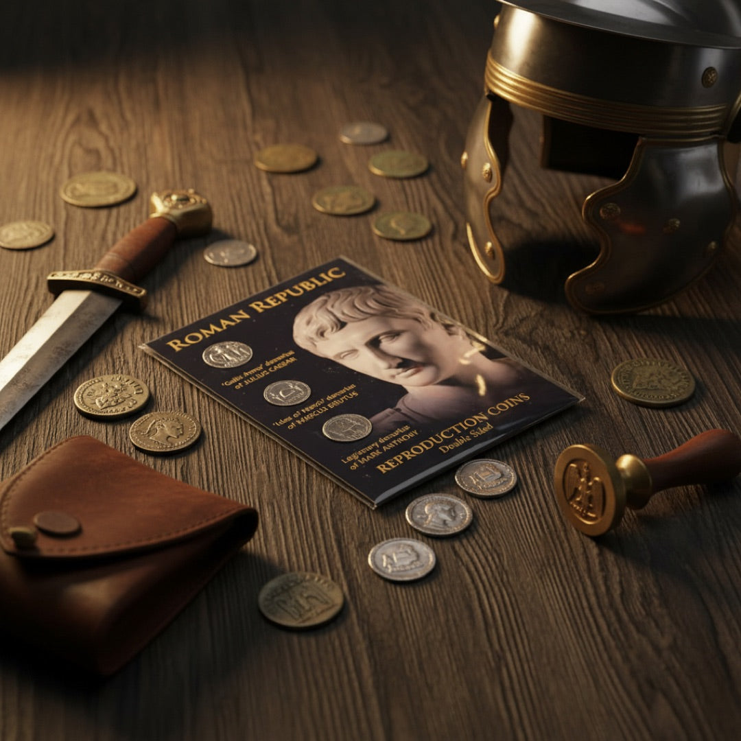 Roman Republic coins around roman military gear
