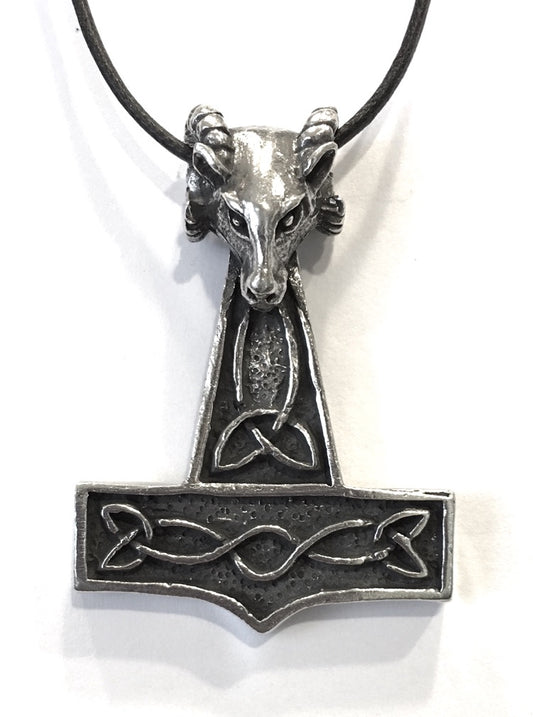 Thor's Hammer with Ram Head Pendent Necklace for Mens Costume Extra Large