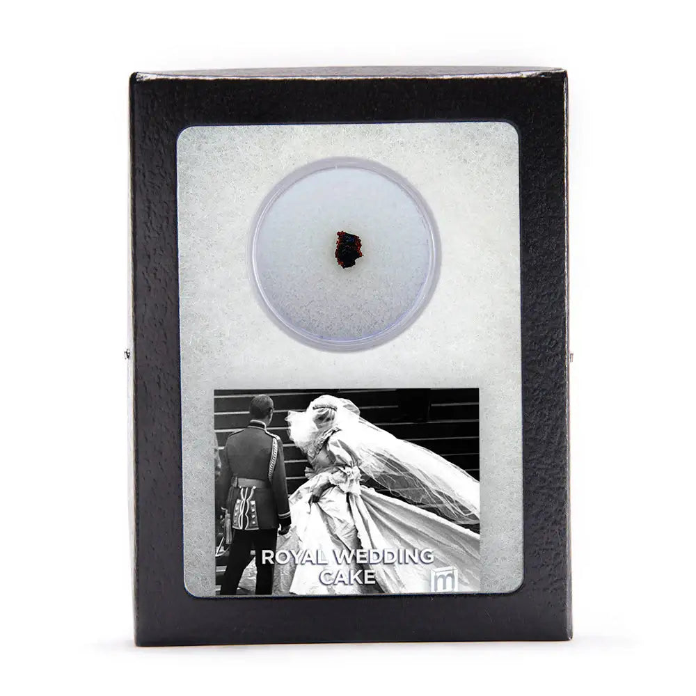Museum-quality display case for royal wedding memorabilia: framed specimen jar in glass-topped Riker box