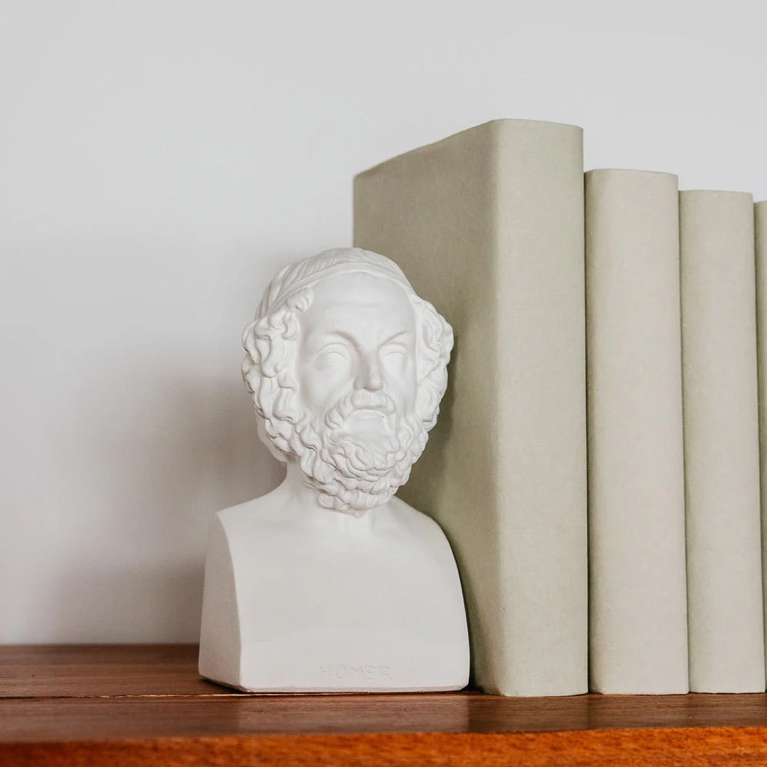 Close-up of the Homer bust from the Homer and Aristotle bookends set, showing the sculpted beard and bound hair of the blind poet type
