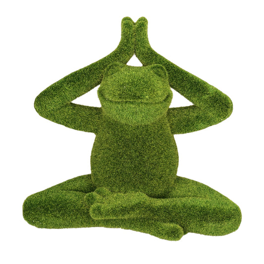 Meditation yoga frog statue in lotus pose, soft moss-like green texture.