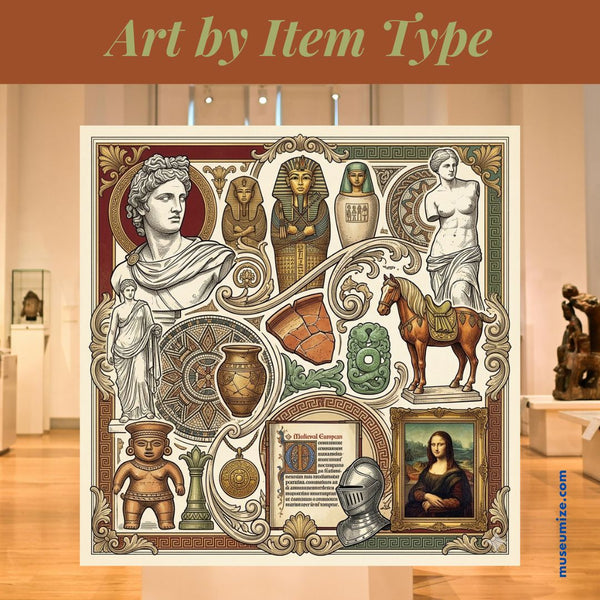 Collage of classical art items with a museum setting in the background