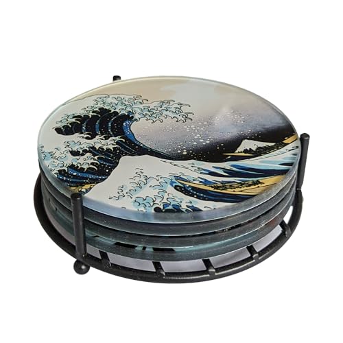 Hokusai glass coasters featuring The Great Wave and classic Japanese designs.