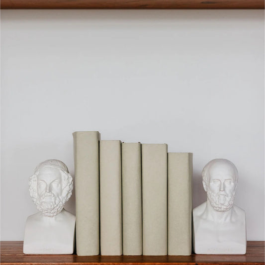 Homer and Aristotle bookends, white plaster busts flanking a row of books on a wood shelf, SKU HP42250