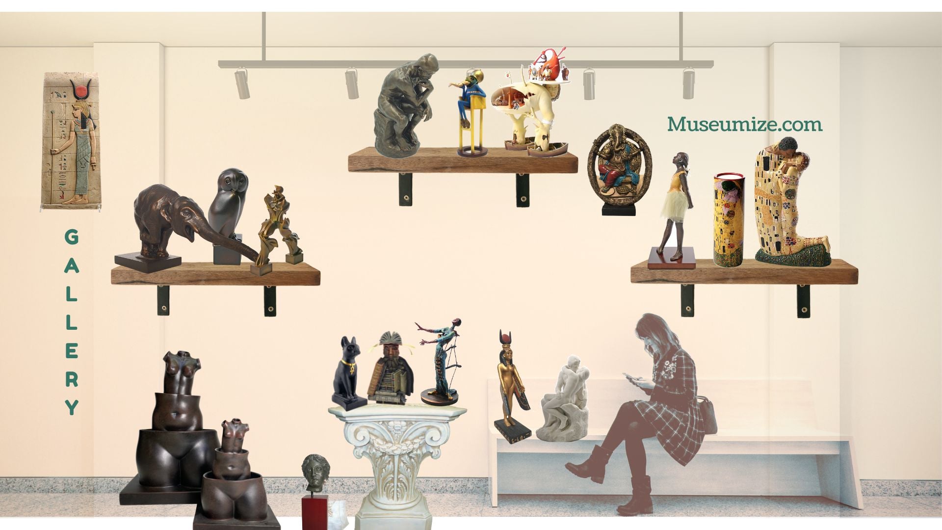 Art replicas from Museumize.com featuring Rodin, Degas, Klimt, Bosch, and Egyptian sculptures on display shelves and pedestals.