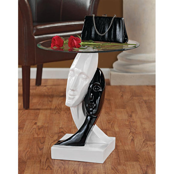 Abstract Lovers Black White Contemporary Side Table with Glass 20H