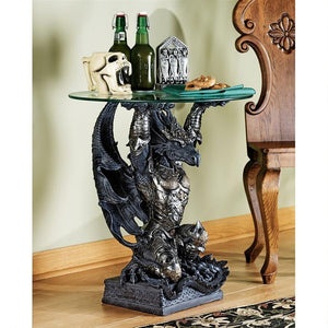 Hastings Warrior Dragon with Armor Medieval Glass Topped Sculptural Side Table 24H