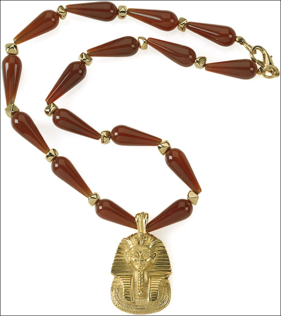 King Tutankhamun Portrait Pendant on Egyptian Necklace with Carnelian Stones 18L