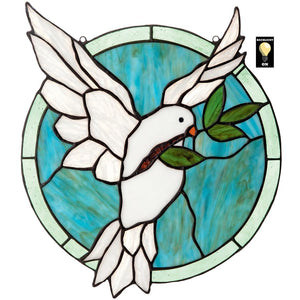 Dove Of Peace White Teal Round Stained Glass 14H x 12W