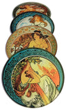 Mucha Paintings Glass Drink Bar Coasters Set of 4 with Storage Stand