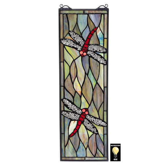 Dragonfly Pair Tiffany Style Rectangle Stained Glass 21.5H x 7W