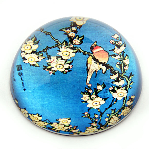 Bird Bullfinch and Blossoms Blue Glass Dome Desk Paperweight by Japanese Hokusai 3H