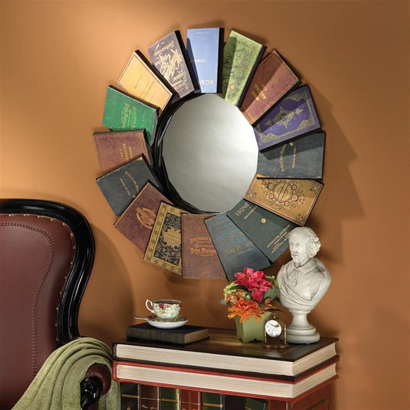 Lord Byrons Compendium of Books Fanned Into Circle Metal Wall Mirror 31.5H