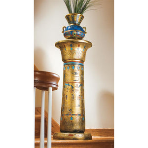 Egyptian Sculpture Display Pedestal Hieroglyphs Lotus Capital Golden 32H