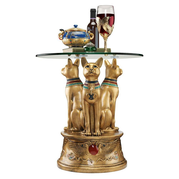 Bastet Three Cats Trio Looking Up Golden Egyptian Side Table 20H