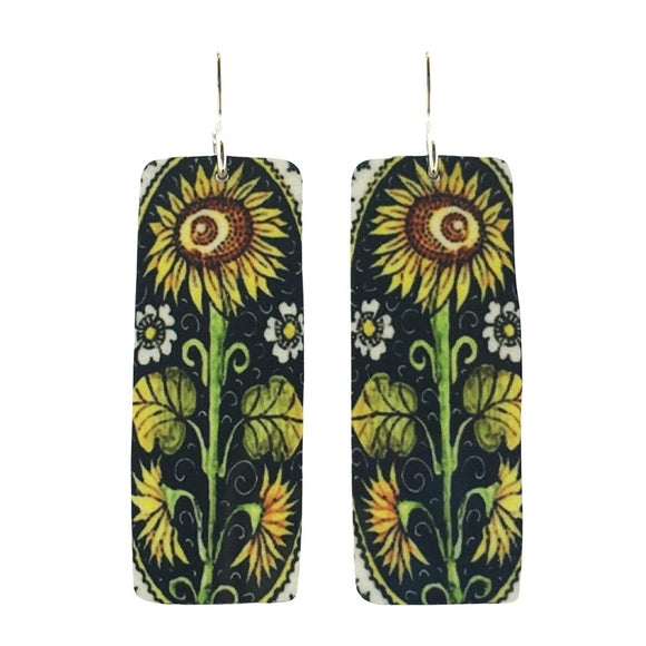 Sunflowers In Bloom Yellow Flowers Rectangle Handmade Aluminum Artisan Earrings 1.75L