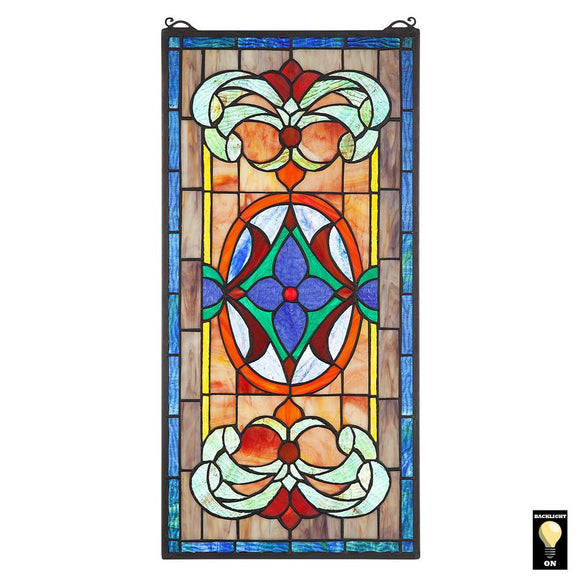 Stanwyck Red Flower Blue Border Rectangle Stained Glass Window 26.5H x 13W