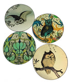 Owl Paintings Glass Drink Bar Coffee Table Coasters Set of 4 with Storage Stand