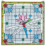 Dragonfly Pond Square Stained Glass Window Blue Grey Red 24.5H