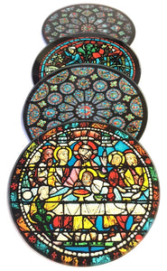 Chartres Cathedral Windows Glass Drink Bar Coasters Set of 4 with Storage Stand