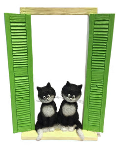 Two Cats Sitting in Window with Green Shutters On the Watch Figurine by Dubout
