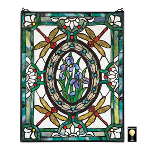 Dragonfly Floral Stained Glass Window Green Gold Red 25H