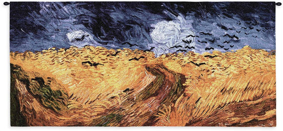 Van Gogh Wheat Fields with Crows Blackbirds Yellow Blue Woven Museum Wall Tapestry 54x26