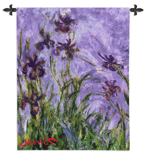 Monet Irises Flowers Purple Green Woven Wall Tapestry 38W x 44L
