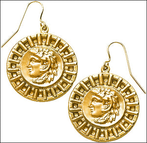 Alexander the Great Coin Replica Pierced Drop Dangle Earrings, Gold