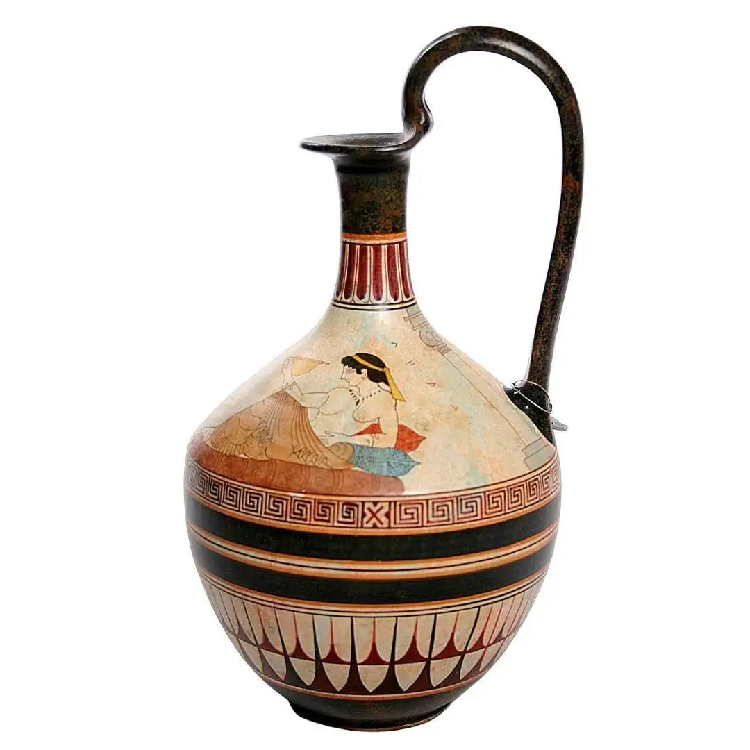 Couple Dining on Couches Greek Vase White Imported from Greece 13.25H - Museumize.com