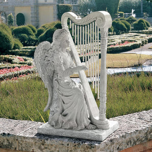 Angel Playing Harp Music from Heaven Garden Statue with Wind Chimes 29H