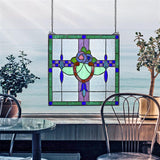 Nightshade Flowers Arts and Crafts Green Blue Square Stained Glass Window 17H x 17W