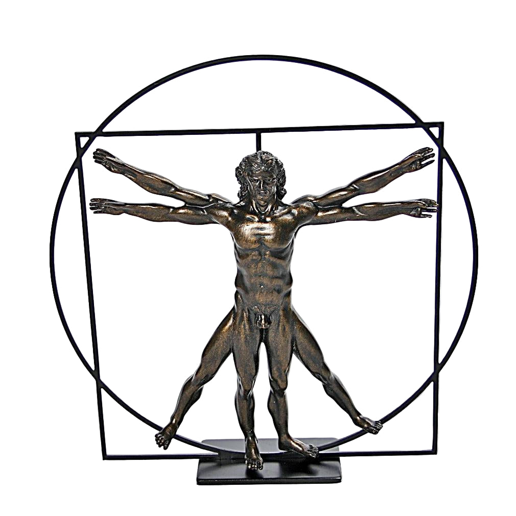 Bronze Vitruvian Man Statue based on Leonardo da Vinci’s proportion study, adapted into a 3D Renaissance art replica for display.