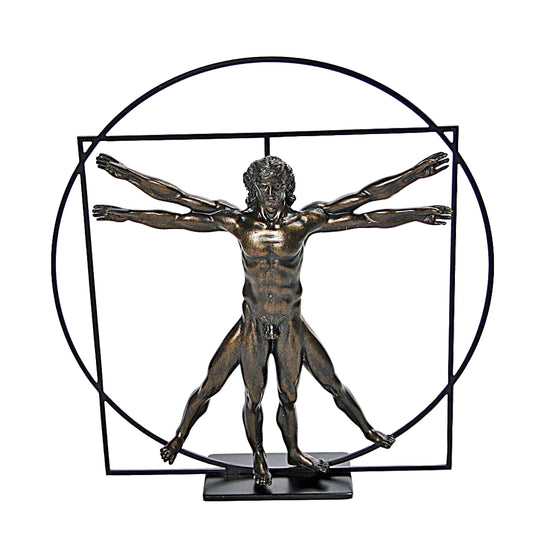 Bronze Vitruvian Man Statue based on Leonardo da Vinci’s proportion study, adapted into a 3D Renaissance art replica for display.