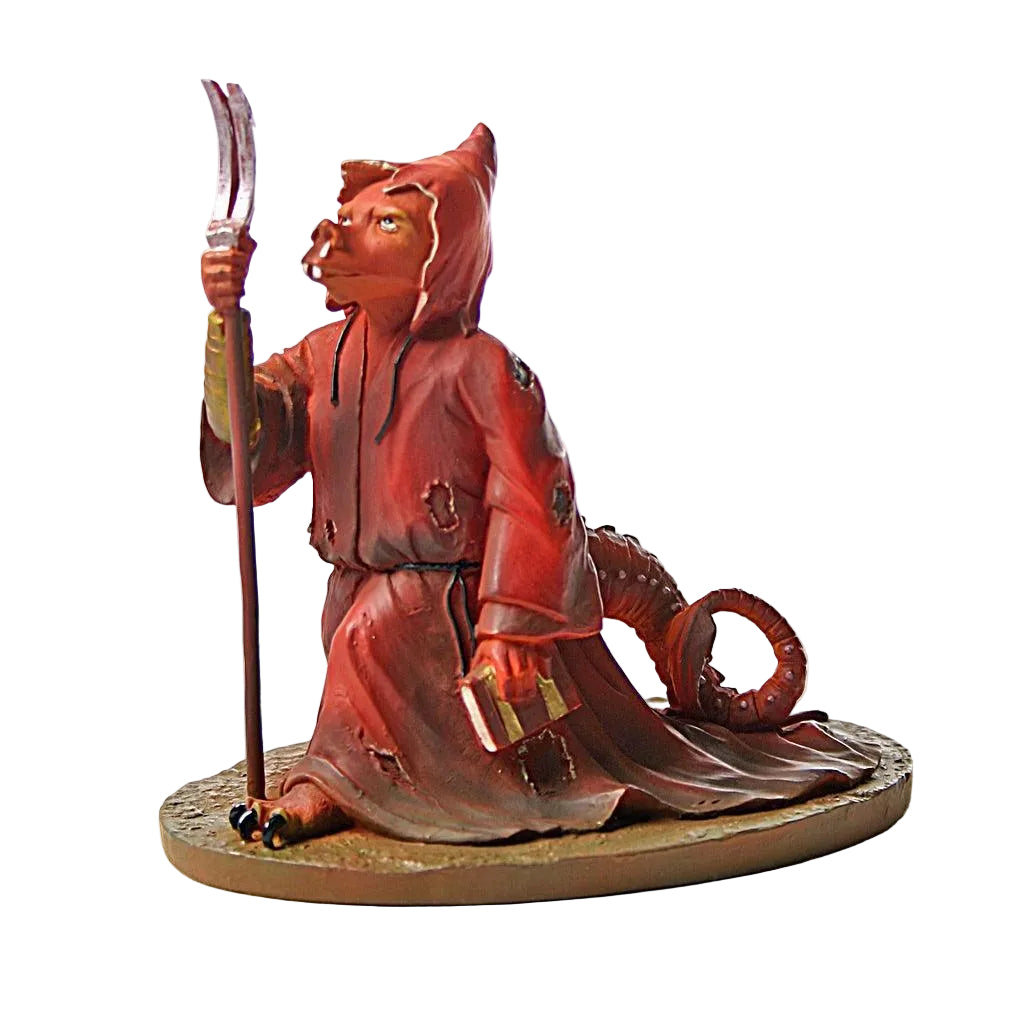 Grunewald Hooded Figure Beast Grim Reaper figurine from Isenheim Altarpiece, front view, hand-painted red robe and pitchfork