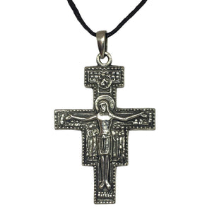 Cross of San Damiano Byzantine Pendant Pewter Unisex Charm Necklace 2L