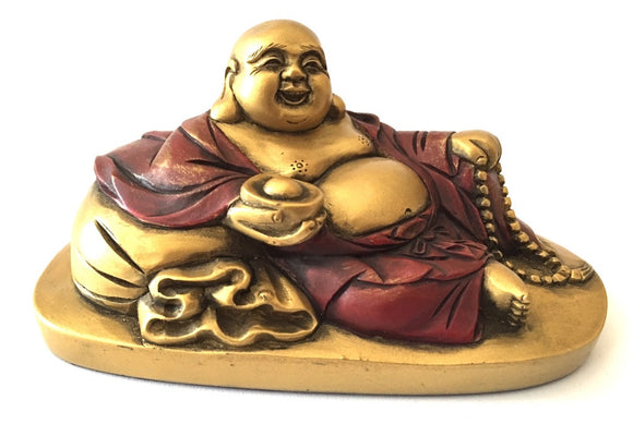 Museumize:Happy Buddha Ho Tai Reclining on Candy Bag Miniature Statue 2.5H, Assorted Colors,Gold and Red