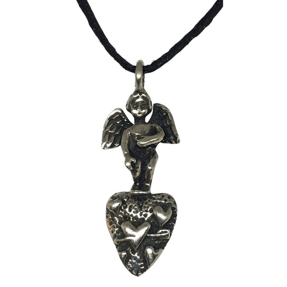 Angel of Love Cupid on Heart Pendant Pewter Unisex Charm Necklace 1.25H