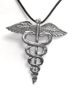 Museumize:Medicine Symbol Caduceus Protection From Illness Talisman Amulet Pewter Necklace
